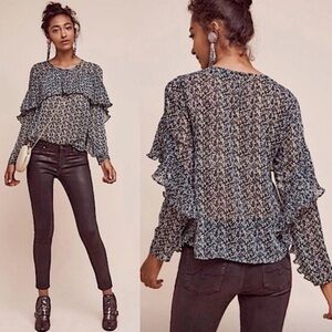 NWT Anthropologie Sunday in Brooklyn Sheer Floral Ruffle Blouse Size Small Boho